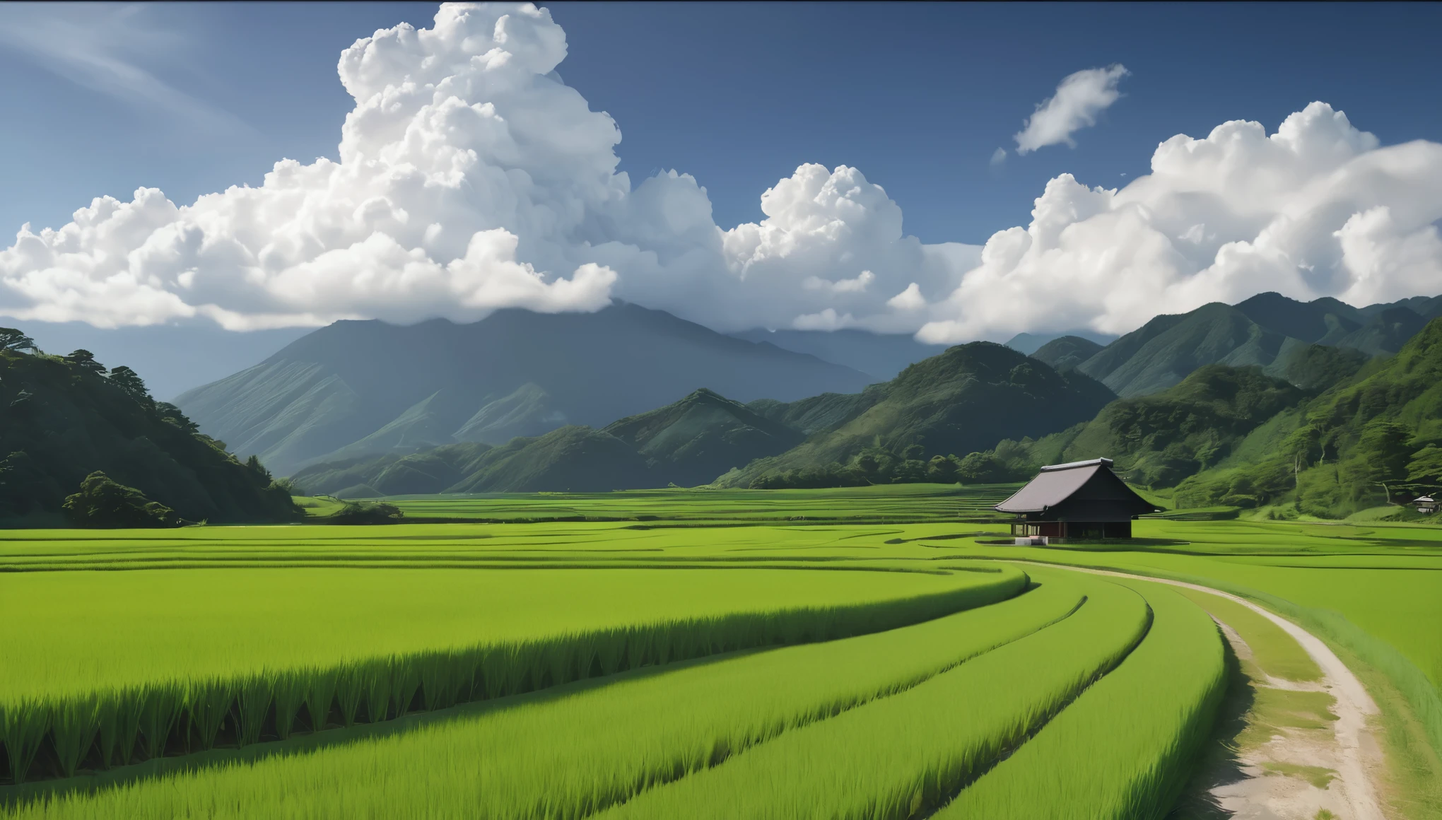 a peaceful rural japanese landscape, lush green rice fields, winding unpaved roads, summer day, clear sky, towering cumulus clouds, midday sunlight, (best quality,4k,8k,highres,masterpiece:1.2),ultra-detailed,(realistic,photorealistic,photo-realistic:1.37),high resolution,ultra high resolution,studio lighting,vivid colors,professional