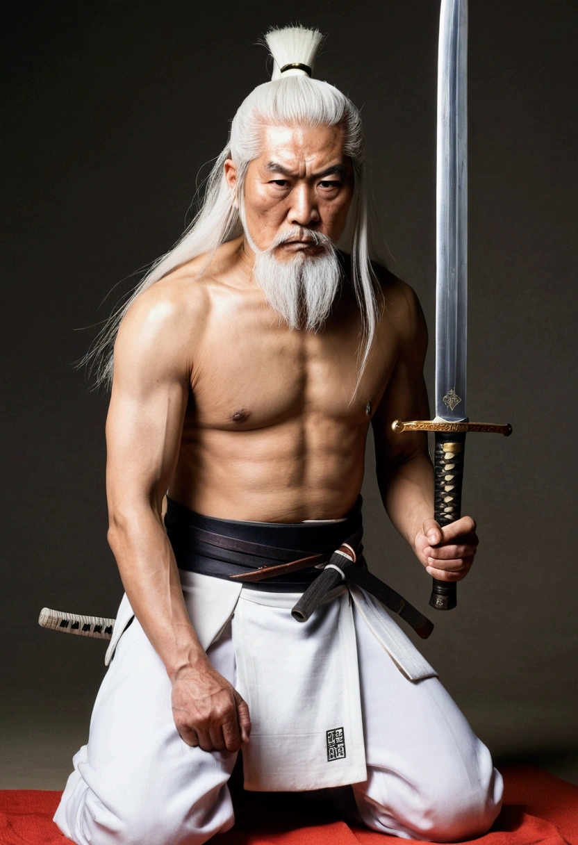 historic, Shirtless老人, warrior,Wounded,Shirtless, Japanese sword, Long white hair, Long white beard,warrior,Grandpa, burst,Kneeling,Seppuku suicide