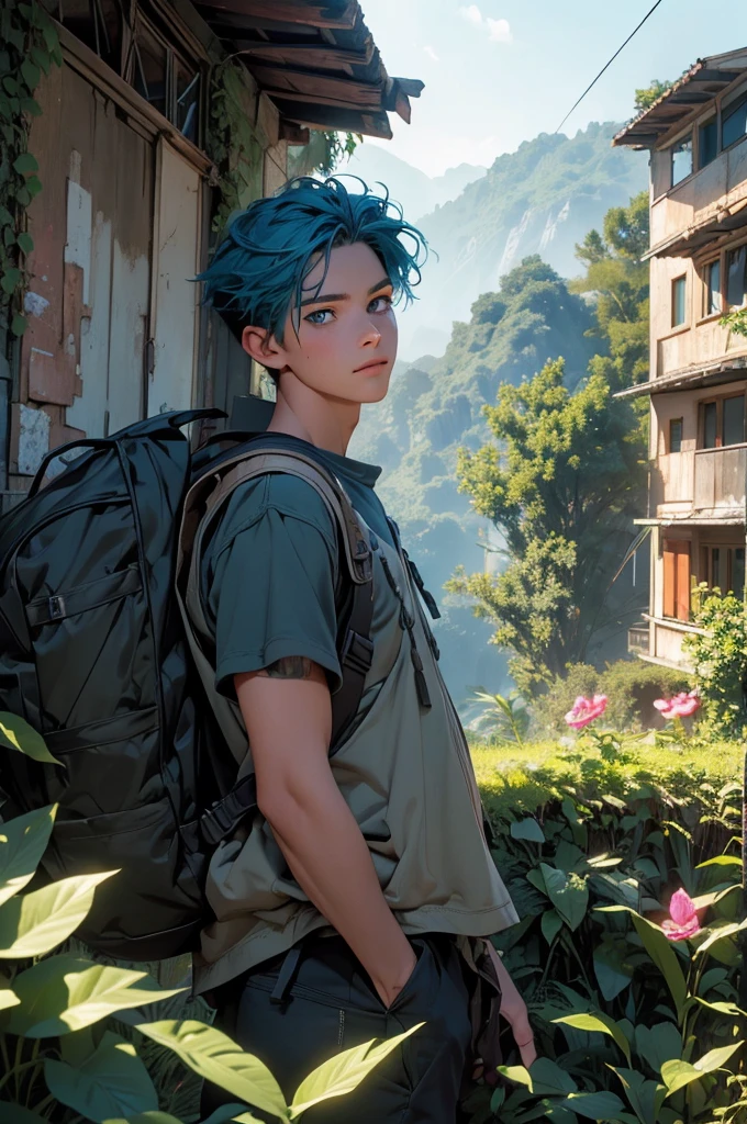 a young man in a post-apocalyptic city, detailed buildings in ruins, nature reclaiming its rightful place, lush vegetation, hiking outfit, blue hair, long eyelashes, warm smile, river, climbing plants, backpack, (best quality,4k,8k,highres,masterpiece:1.2),ultra-detailed,(realistic,photorealistic,photo-realistic:1.37),detailed environment, epic landscape, moody lighting, cinematic composition, dramatic atmosphere, vibrant colors, environmental storytelling, flower, wild animal, blue eyes, cap.