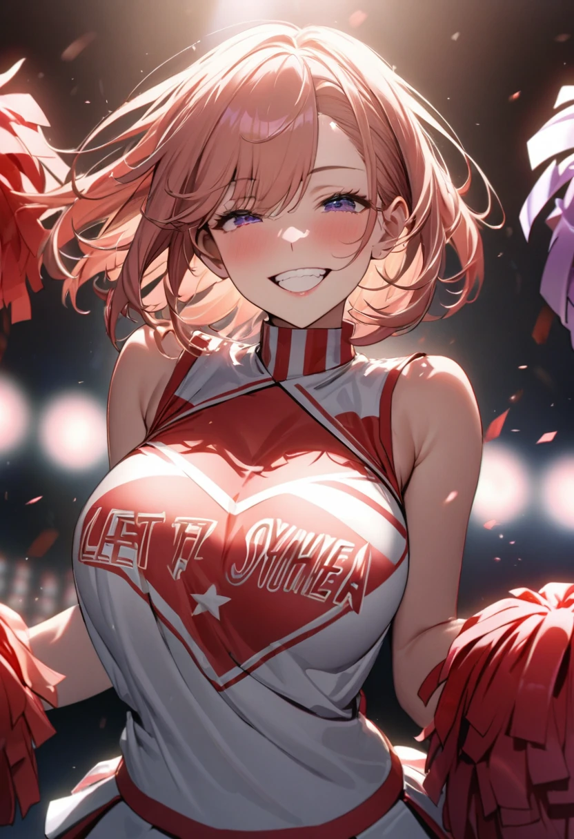 (masterpiece:1.3), (8K、best quality:1.4), (Best image quality, Intricate details, high resolution, Depth field, Natural light, Professional lighting), (1 girl), (Solitary), (Asian Girls, Very beautiful 18 year old comic girl), (Very beautiful woman、A charming and beautiful woman, 美しい銀髪のBob Cooter, 強い青いEye, 強いEyeのハイライト, Large breasts, Perfect anatomical structure, Dynamic Lighting, Lip Gloss), A beautiful face with perfect symmetry, Beautiful and delicate woman, Very nice facial details, とても美しい詳細なEye, Smile at the audience, Laughing happily, Beautiful Teeth, Beautiful Teeth alignment, Very detailed, Very detailed, Beautiful Teeth, Beautiful Teeth alignment, Very detailed, Very detailed, ((Detailed cheerleader:1.2)), The light shines on your face, ((Dynamic poses)), Bob Cooter, Cross Bangs, Asymmetrical bangs, Long Neck, Let me see your ears, disappear'Eye, Eyelash, Lovely, Large breasts、very beautiful and big, Very beautiful breast shape, Beautiful cleavage, Tall supermodel, Long-legged supermodel, 超级名模Dress up as a cheerleader, Strike a pose, Dress up as a cheerleader, woman closeup, to the camera, laughter, (Cheerleading costumes), ((scarf, Open-front sleeveless shirt, Flared skirt, mini skirt)), Young slim gravure idol, Young gravure idol, Young gravure idol, Stadium background during daytime