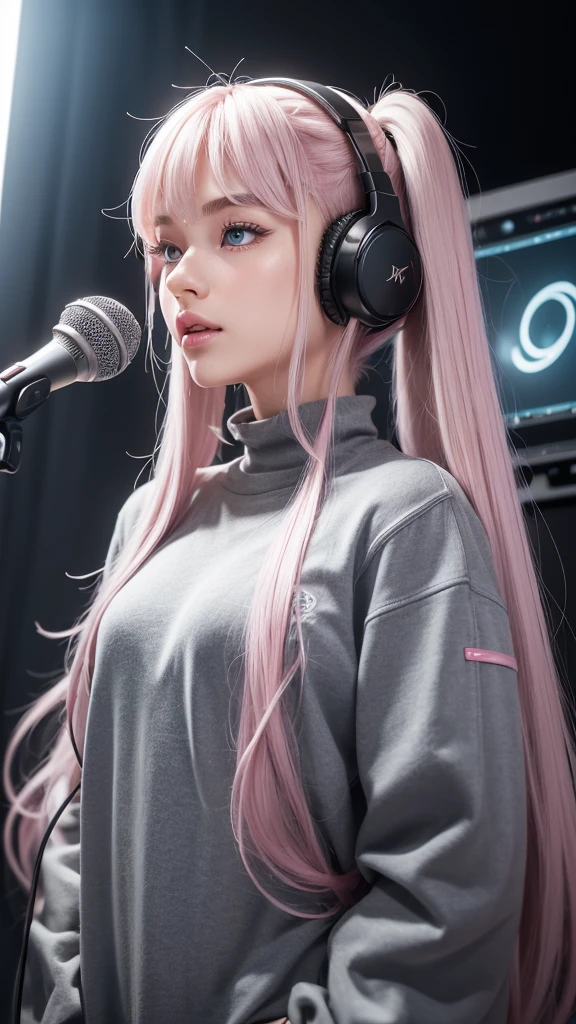 (A photo of a beautiful girl in fashionable casual clothes wearing headphones and singing into a recording microphone in a recording studio was posted on social media.) (The beautiful girl is , 18% Japanese, 26% French, and 56% Ukrainian, 178 cm tall, small bust but stylish, with a beautiful, well-balanced figure.) (Her hair is pink ash gray and super long, tied in twin tails with black ribbons, and curls in a spiral toward the tip.) (Her eyebrows are the same color as her hair, thin, slightly thick and short, and her eyelashes are long.) (Her large blue eyes reflect the light of the lighting and are amazingly beautiful like pearls.) (Her nose is high like an English person, her lips are plump and shaped so that you want to kiss them, her skin is translucent white, and the balance between her head and face is in line with traditional Japanese aesthetics.) Her hands should have five fingers. Furthermore, even her nails are drawn very delicately. (Single, Masterpiece, Ultra Detailed, Highest Quality, Artistic Composition, Ultra Precision, Realistic, Photorealistic, High Resolution, Dynamic Lighting Effects, Golden Ratio, Surreal). Try your best to meet all these criteria.