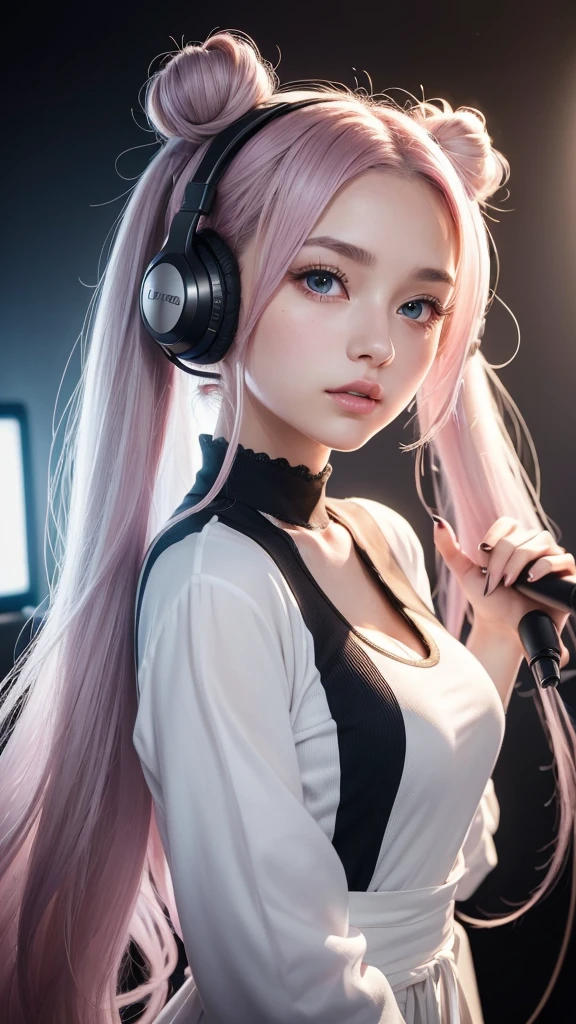 (A photo of a beautiful girl in fashionable casual clothes wearing headphones and singing into a recording microphone in a recording studio was posted on social media.) (The beautiful girl is , 18% Japanese, 26% French, and 56% Ukrainian, 178 cm tall, small bust but stylish, with a beautiful, well-balanced figure.) (Her hair is pink ash gray and super long, tied in twin tails with black ribbons, and curls in a spiral toward the tip.) (Her eyebrows are the same color as her hair, thin, slightly thick and short, and her eyelashes are long.) (Her large blue eyes reflect the light of the lighting and are amazingly beautiful like pearls.) (Her nose is high like an English person, her lips are plump and shaped so that you want to kiss them, her skin is translucent white, and the balance between her head and face is in line with traditional Japanese aesthetics.) Her hands should have five fingers. Furthermore, even her nails are drawn very delicately. (Single, Masterpiece, Ultra Detailed, Highest Quality, Artistic Composition, Ultra Precision, Realistic, Photorealistic, High Resolution, Dynamic Lighting Effects, Golden Ratio, Surreal). Try your best to meet all these criteria.