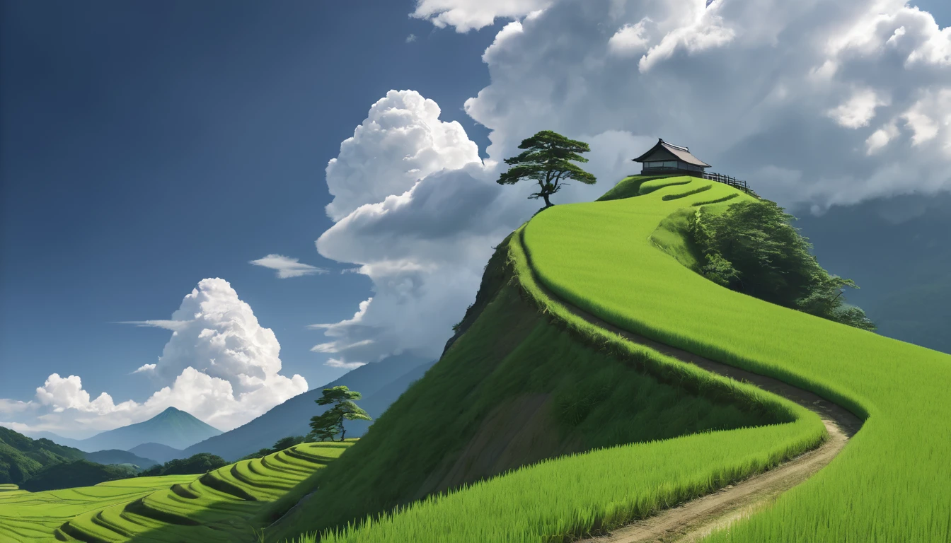a peaceful rural japanese landscape, lush green rice fields, winding unpaved roads, summer day, clear sky, towering cumulus clouds, midday sunlight, (best quality,4k,8k,highres,masterpiece:1.2),ultra-detailed,(realistic,photorealistic,photo-realistic:1.37),high resolution,ultra high resolution,studio lighting,vivid colors,professional