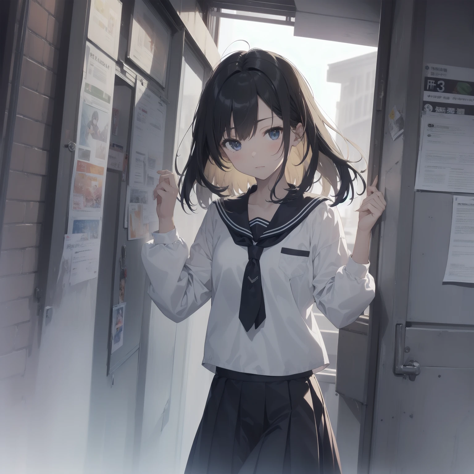 ultra-absurdres-Top quality by artist God, ultra-detailed, high resolution, anime moe artstyle, best anime 8k konachan wallpaper, pixiv contest winner, pool:2810, perfect anatomy,break, 1girl, (Please draw a girl walking sleepily to school alone. )break,(Solo,little female, 13-year-old:1.3),Full limbs, complete fingers,a junior high school student, (very short hair), short cut, flat chest, , small butt, small black eyes, beautiful detailed eyes, well-proportioned iris and pupils, expressive eyes, highres detailed hair, soft expression, salor school_uniform, sailor collar, serahuku, bow, pleated skirt,(Detailed Lighting), (Detailed background), in the School commute route. break,super detailed skin, Best cinematic lighting powered by famous artist, 8k,beauty illustration,photoshop_(medium),very aesthetic,break,((artist:kashikaze )), artist:clamp ,artist:carnelian ,artist:kantoku ,