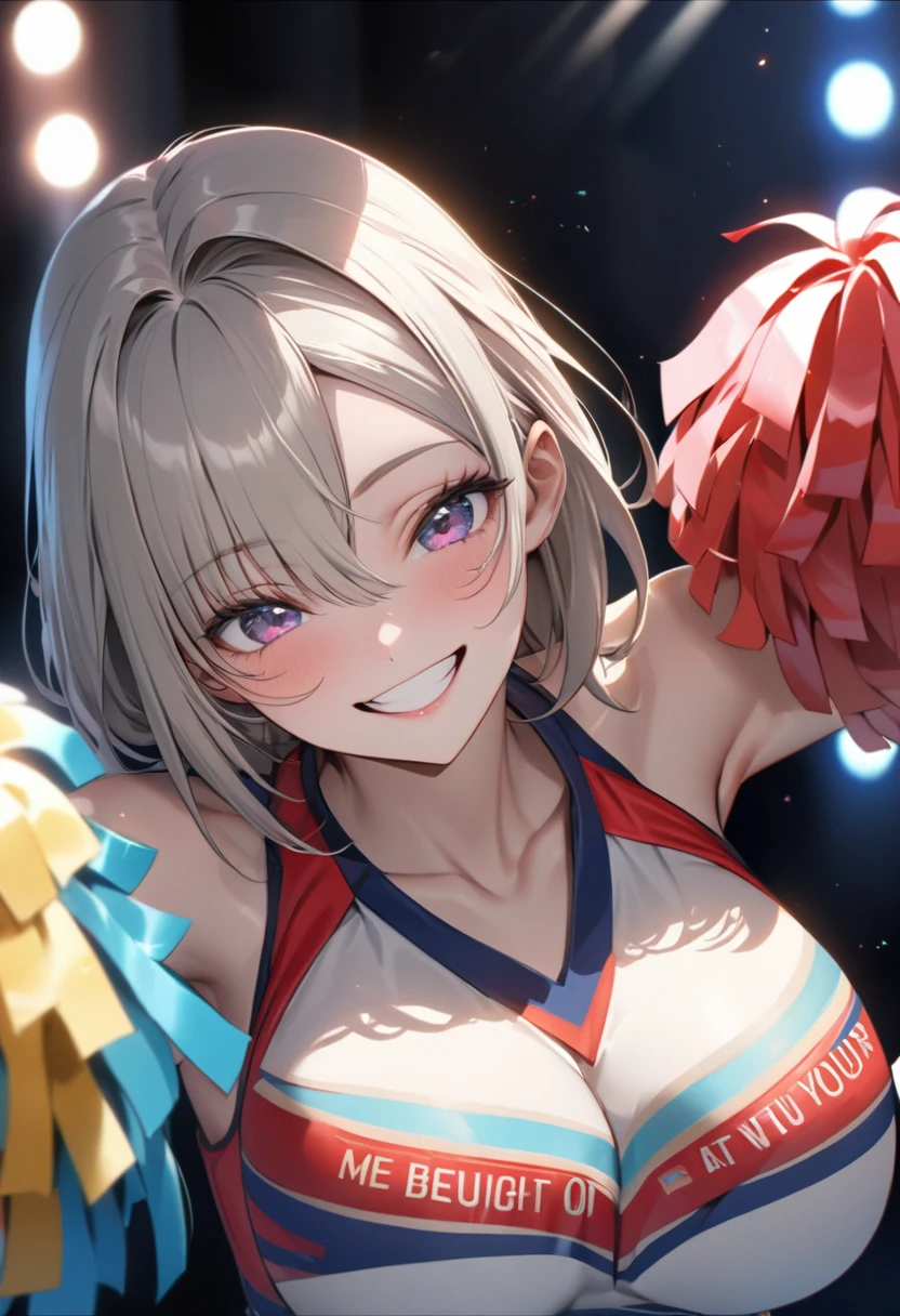 (masterpiece:1.3), (8K、best quality:1.4), (Best image quality, Intricate details, high resolution, Depth field, Natural light, Professional lighting), (1 girl), (Solitary), (Asian Girls, Very beautiful 18 year old comic girl), (Very beautiful woman、A charming and beautiful woman, 美しい銀髪のBob Cooter, 強い青いEye, 強いEyeのハイライト, Large breasts, Perfect anatomical structure, Dynamic Lighting, Lip Gloss), A beautiful face with perfect symmetry, Beautiful and delicate woman, Very nice facial details, とても美しい詳細なEye, Smile at the audience, Laughing happily, Beautiful Teeth, Beautiful Teeth alignment, Very detailed, Very detailed, Beautiful Teeth, Beautiful Teeth alignment, Very detailed, Very detailed, ((Detailed cheerleader:1.2)), The light shines on your face, ((Dynamic poses)), Bob Cooter, Cross Bangs, Asymmetrical bangs, Long Neck, Let me see your ears, disappear'Eye, Eyelash, Lovely, Large breasts、very beautiful and big, Very beautiful breast shape, Beautiful cleavage, Tall supermodel, Long-legged supermodel, 超级名模Dress up as a cheerleader, Strike a pose, Dress up as a cheerleader, woman closeup, to the camera, laughter, (Cheerleading costumes), ((scarf, Open-front sleeveless shirt, Flared skirt, mini skirt)), Young slim gravure idol, Young gravure idol, Young gravure idol, Stadium background during daytime
