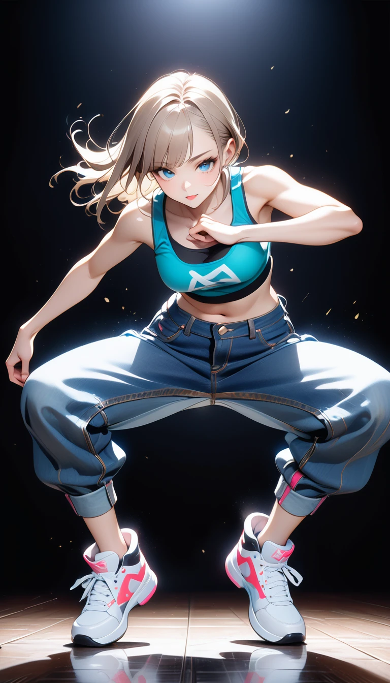 (Generated in SFW:2.0), masterpiece, Highest quality, Realistic photos, RAW Photos, dynamic dancing woman, alone, Beautiful Face, Bangs that fall on the forehead, Casual clothing, (Tight tank top:1.2), (Denim shorts:1.2), Sleeveless, Seductive body lines, alluring looks, break, Cool dance, break, Hip Hop Dance, (Black background color:1.5), (A dark background to make your subject stand out:1.1), (Focus on the eyes), (Full Body Shot:1.2), break, Street dance, Hip Hop Dance, Club dance, dynamic pose, dynamic, Moments that captivate you, Concentrated face, View your audience, bend, Spread your legs, Cool pose, Applying random anagrams to create completely different new works,