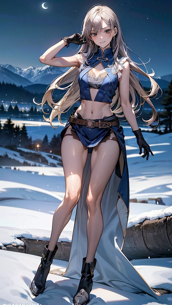 (masterpiece:1.3, top-quality, ultra high res, ultra detailed), (realistic, photorealistic:1.4), beautiful illustration, perfect lighting, natural lighting, cute girl, depth of fields, ((slender:1.5)),green long hair, green eyes, white color dress, 12years old,tigh china dress, sleeveless, Turquoise blue short skirt, ((blue waist cloak)), Boy body type,Dark gray gloves, elbow Glove, (Navel-out), Black pantyhose, Brown waist belt,beautiful detailed hair, beautiful detailed face, beautiful detailed eyes, beautiful clavicle, beautiful body, beautiful chest, Slender thigh,(Thin legs:1.5), beautiful fingers, moe-e,
looking at viewer, full body, 1 girl, perfect face, (perfect anatomy, anatomically correct), cute and symmetrical face, babyface, shiny skin, bangs, slender, white_long boots,
(beautiful scenery), evening, mountain, snow, winter, snowflakes, dynamic pose, (seductive smile, upper eyes, parted lips),Moon