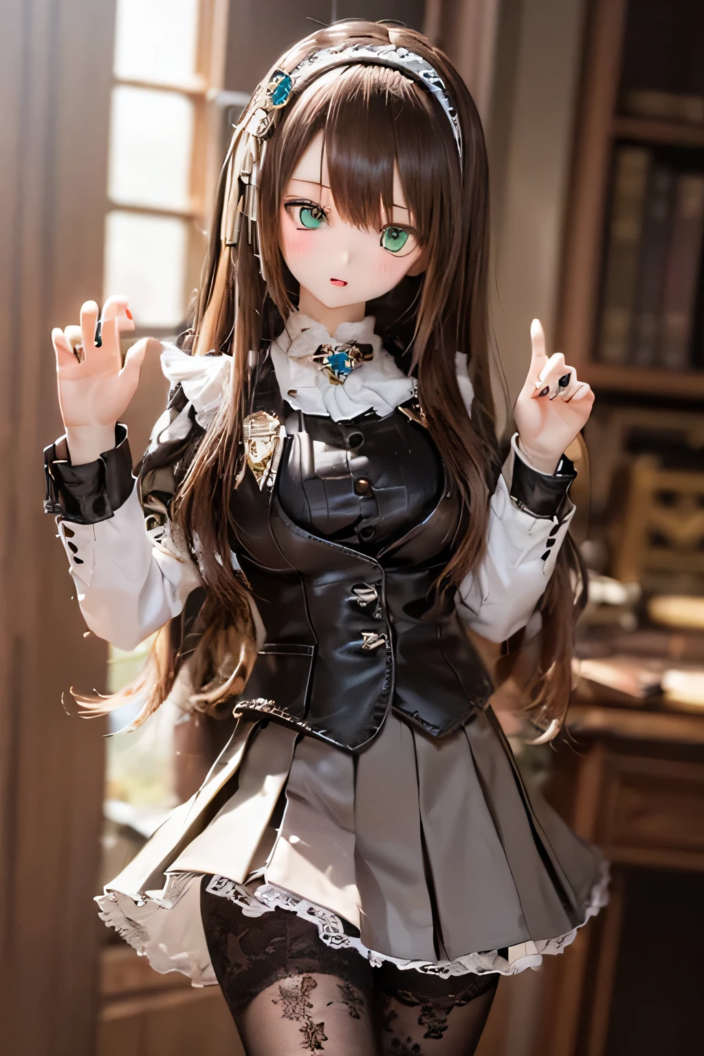 (SFW:2), photorealistic, realistic photo, 8k, ((highest quality)), ((masterpiece)), (extremely detailed), kukolnydom, doll, (mature woman, 21yo, 21 years old, solo:1.6), ((cowboy shot, standing, head tilt, slim, slender, skinny, medium breasts, hairband, ascot, blouse, long puff sleeves, pleated skirt, black pantyhose)), (green eyes, brown hair, long hair, plastic skin, looking at another, glass eyes, gradient eyes, shining eyes, detailed eyes:1.3)