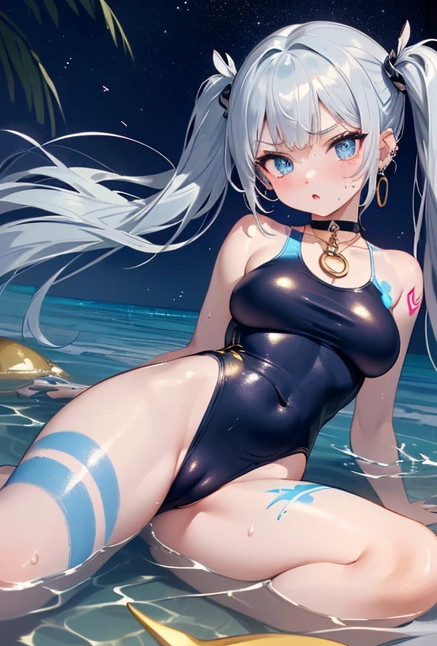 (Super detailed、Ultra-high resolution、8K masterpiece、Vibrant colors)、((Flat Color))、((Floating water))、Sea of night、coastal、 A woman in a sexy swimsuit、(Angle from the bottom of the back)、(Silver chain body jewelry)、Randomly open your legs、Random Sexy Poses、Sweaty、 ((body paint、Pop tattoo on thigh))、Big Breasts、 (Tight swimsuit、choker)、cameltoe、Beautiful hip line、Butt、nude、 (Twin tails、Vermilion, blue, silver, golden hair、hair ornaments)、Beautiful blue eyes、Beautiful red lip、(Reluctant、Bad mood)、 TWICE's Tzuyu' on pause