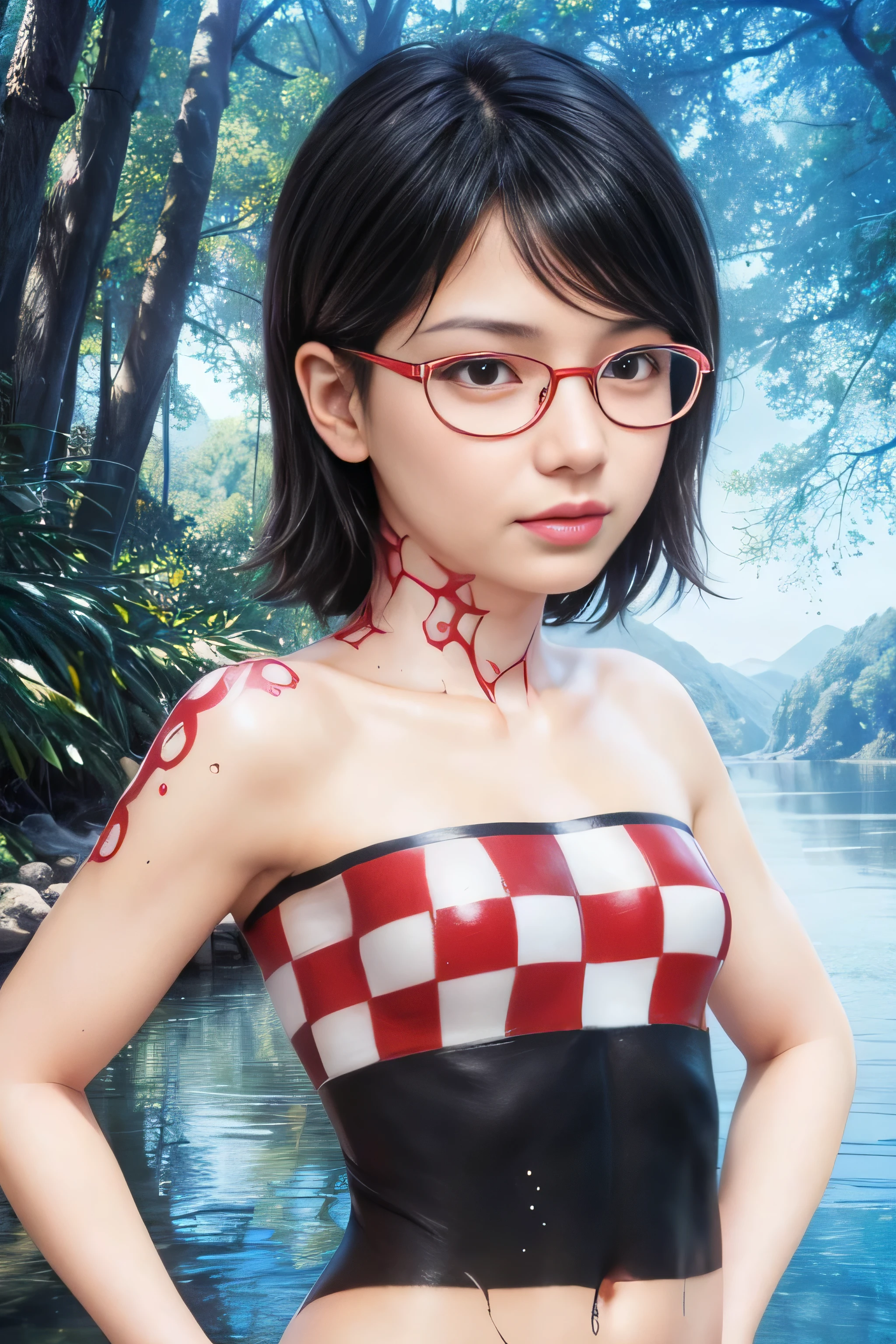 masterpiece, best quality, (realistic,photo-realistic:1.4), (RAW photo:1.2), extremely detailed CG unity 8k wallpaper, delicate and beautiful, amazing,finely detail, official art, absurdres, incredibly absurdres, huge filesize, ultra-detailed,extremely detailed eyes and face,light on face,(little smile),(wearing red framed glasses:1.4),sarada,(black hair:1.4),short hair,(body painting:1.5),(nature background:1.4)