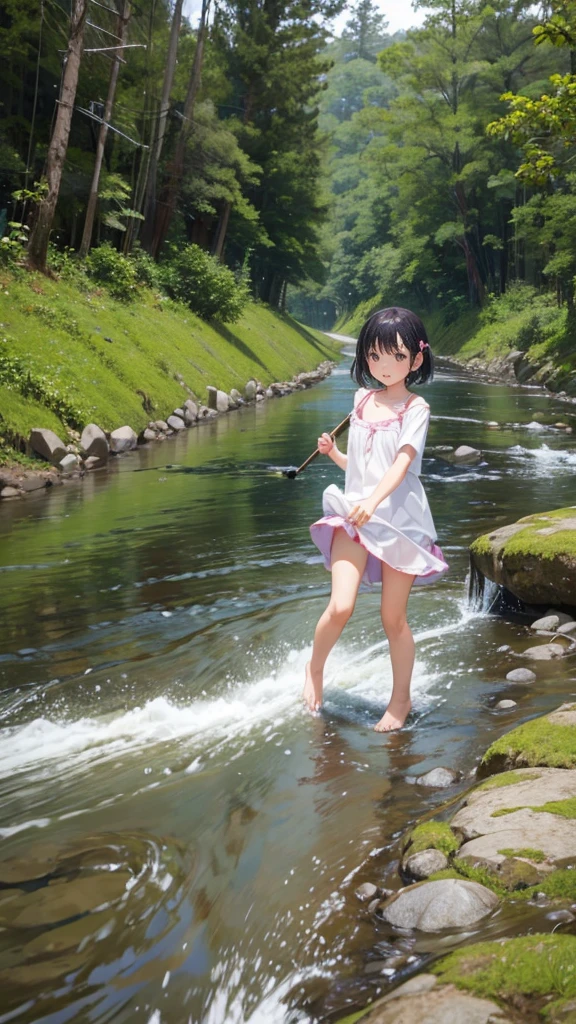 Playing in the flowing river、Very cute 11 year old girl、barefoot、雨が降っている。