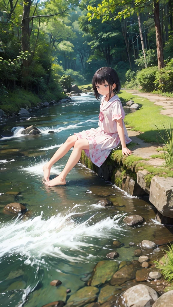 Playing in the flowing river、Very cute  girl、barefoot、雨が降っている。