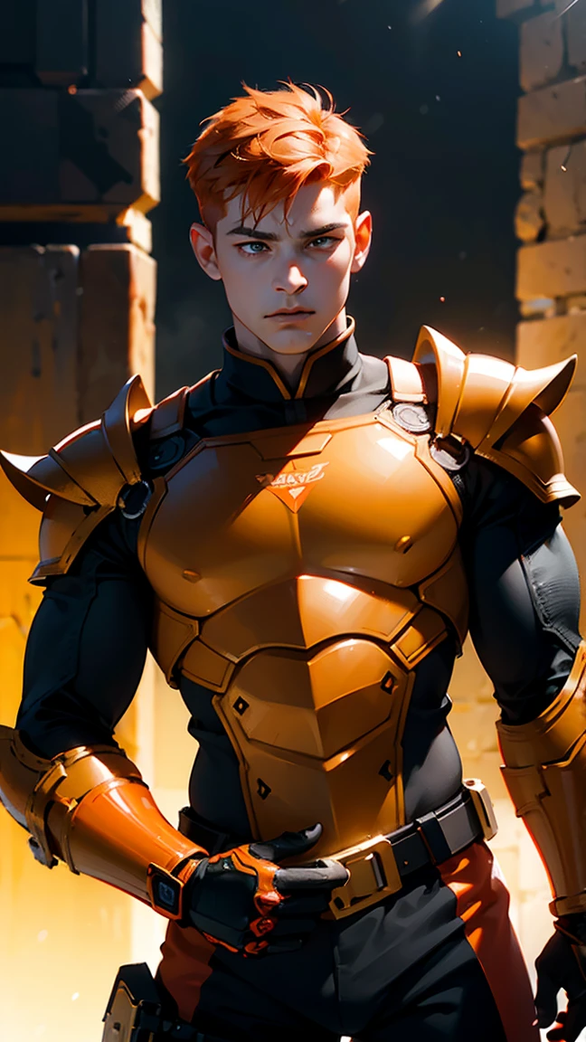 1man, twink, strong, undercut orange hair, orange and black armor with red details, battle pose, highly detailed, cinematic lighting, digital art, hyperrealistic, 8k, best quality, masterpiece, ultra-detailed, realistic, photorealistic, sharp focus, physically-based rendering, extreme detail description, professional, vivid colors, studio lighting