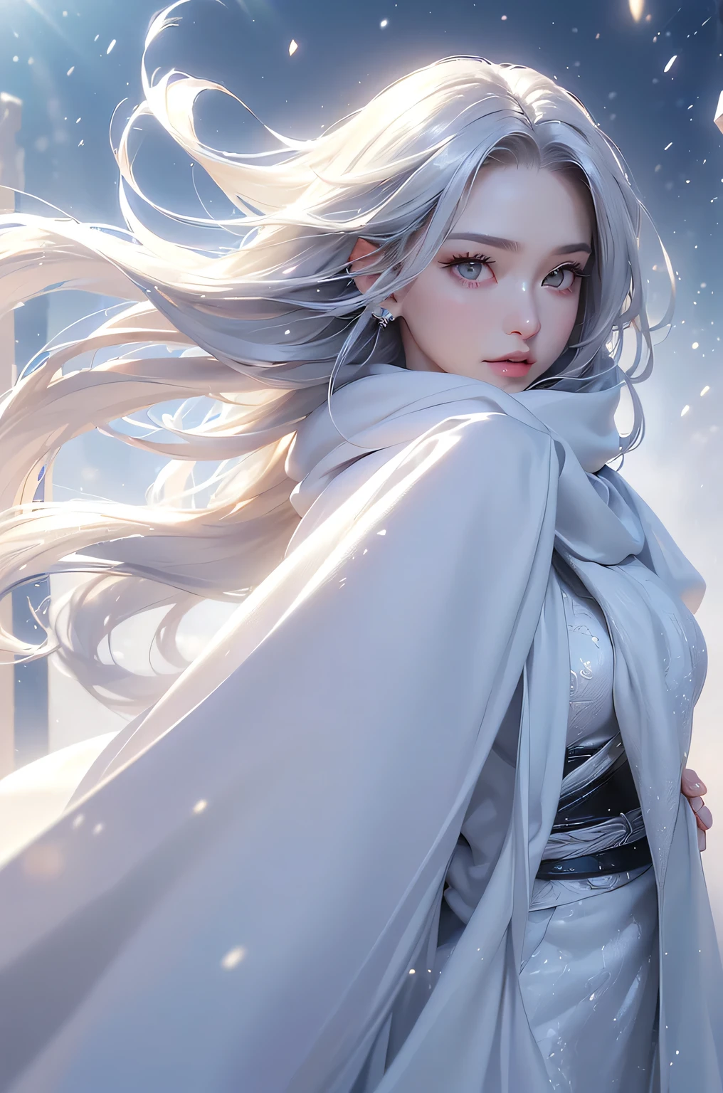 ((masterpiece:1.5、8k、Portraiture、Photorealistic and very detailed CG、Very detailed、Particle Effects、Dynamic Effects、Shallow depth of field、Cinematic Light、Lens flare、Ray Tracing、Tabletop、Realistic:1.4、Ultra-high resolution:1.2、Realistic、Realistic))((alone、,A woman wearing a cashmere coat over an off-the-shoulder dress:1.4、wear a long scarf、White Belt、coat、Elegant woman posing、Detailed face、brightexpression、young, bright, Whiter skin、Ample breasts、Best Looks、Ultimate beauty、Shiny silver hair with highlights、bright and shiny hair,、Super long, Silky straight hair、Hair dancing in the wind))(morning、outdoors, winter, snow falling)
