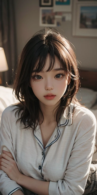 (masterpiece: 1.2, Portraiture, Highest quality), Realistic, (Live Action, Intricate details, Written boundary depth), Highest quality, masterpiece, Attention to detail, semi-Realistic, Lie face down on the bed, shy, 21 years old, Short Blonde, blue eyes, pajamas, Slim figure、Dark Room