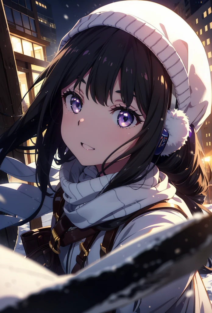 Takiuchikami,Long Hair, bangs, Black Hair, (Purple eyes:1.2),happy smile, smile, Open your mouth,Knitted hat,Earmuffs,Blue long coat,White Sweater,White scarf,Long skirt,Black pantyhose,short boots,snowが積もっている,snowが降っている,winter,Cold Sky,night,moonlight,snow,snow,snow,snow,whole bodyがイラストに入るように,Walking,
break looking at viewer, whole body, 
break outdoors, city,construction area,
break (masterpiece:1.2), highest qualそれy, High resolution, unそれy 8k wallpaper, (shape:0.8), (Beautiful and beautiful eyes:1.6), Highly detailed face, Perfect lighting, Extremely detailed CG, (Perfect hands, Perfect Anatomy),