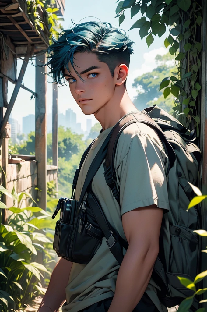 a young man in a post-apocalyptic city, detailed buildings in ruins, nature reclaiming its rightful place, lush vegetation, hiking outfit, blue hair, long eyelashes, warm smile, river, climbing plants, backpack, (best quality,4k,8k,highres,masterpiece:1.2),ultra-detailed,(realistic,photorealistic,photo-realistic:1.37),detailed environment, epic landscape, moody lighting, cinematic composition, dramatic atmosphere, vibrant colors, environmental storytelling, flowers, wild animals blue eyes, cap.