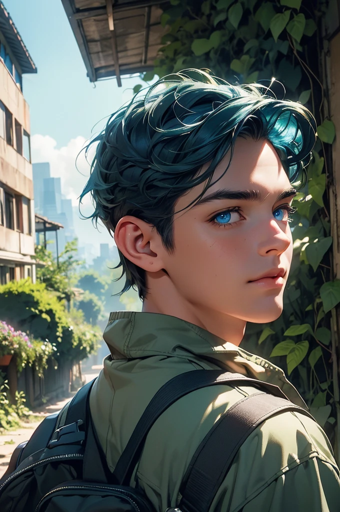 a young man in a post-apocalyptic city, detailed buildings in ruins, nature reclaiming its rightful place, lush vegetation, hiking outfit, blue hair, long eyelashes, warm smile, river, climbing plants, backpack, (best quality,4k,8k,highres,masterpiece:1.2),ultra-detailed,(realistic,photorealistic,photo-realistic:1.37),detailed environment, epic landscape, moody lighting, cinematic composition, dramatic atmosphere, vibrant colors, environmental storytelling, flowers, wild animals blue eyes, cap.