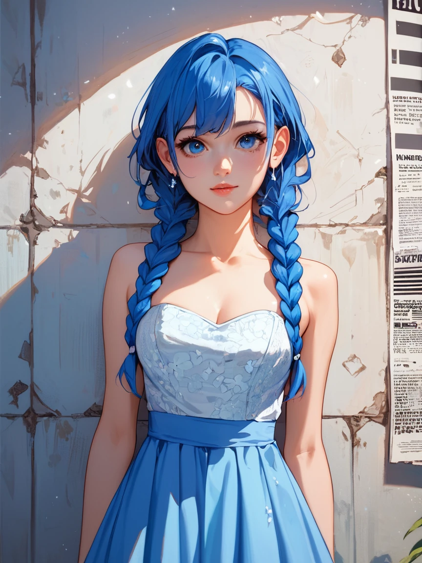 score_9,score_8_up,score_7_up,score_6_up,expressive eye, cute, 1 girl, blue hair, blue double braids, blue eyes (like sapphire), formal dress, semi backless, neckband, skirt, newspaper wall background,Facing the audience directly,The upper part of the back is exposed,