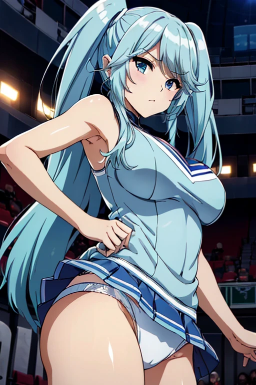 (((Upper Body、Shooting from below))、(((Accentuate your breasts、Shiny underwear)))、Highest quality, 8k, masterpiece :1.3)), whole body, Sharp focus :One Girl,Glowing Skin,SSexy pose,Highest quality,Tabletop,shape,Very delicate and beautiful,Hmph,8k壁紙,wonderful,In detail,Official Art,Very detailedなティッカーUnity 8k壁紙,Incredibly ridiculous,Large file size,Very detailedな,High resolution,Very detailed,Beautiful detailed girl,Realistic,X-ray,The queue is full,(((セクシーなCheerleader、セクシーなCheerleader、mini skirt)))、(((Big Breasts、Light blue hair)))、(((Arena、Coliseum)))、Stand upright、Cleavage , ((Light blue hair))、Cheerleader、Cheerleader、Sexy pose、Hairstyle: Twin tails、both hands、