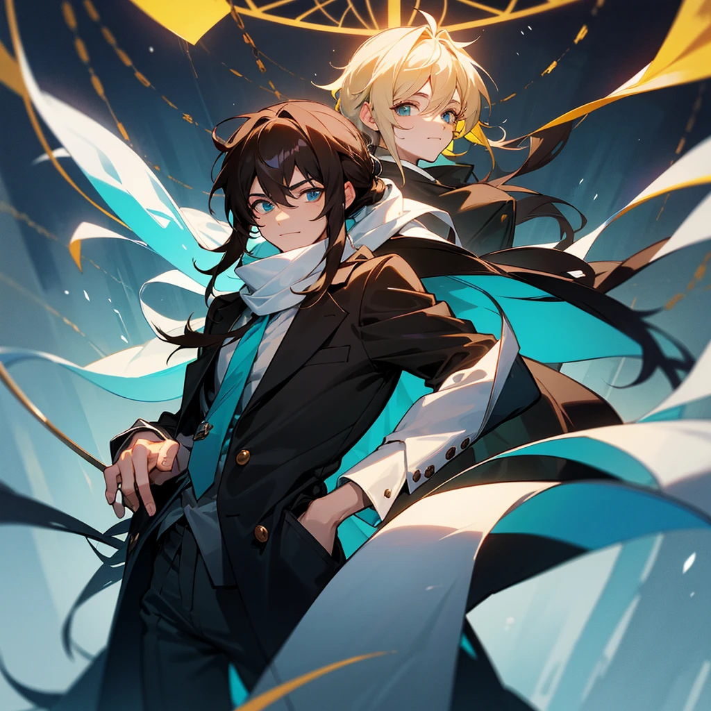 1 man with long brown hair and hair tied back, wearing a black overcoat covering his white shirt with a cyan tie and black dress pants with pockets and chains while wearing a white scarf with a tall white background with a smile and a clock showing 12 hours and 28 Roman minutes in black and white and conjuring a magic in the form of a cyan colored time clock with his hair looking like Meliodas with a masculine but beautiful face