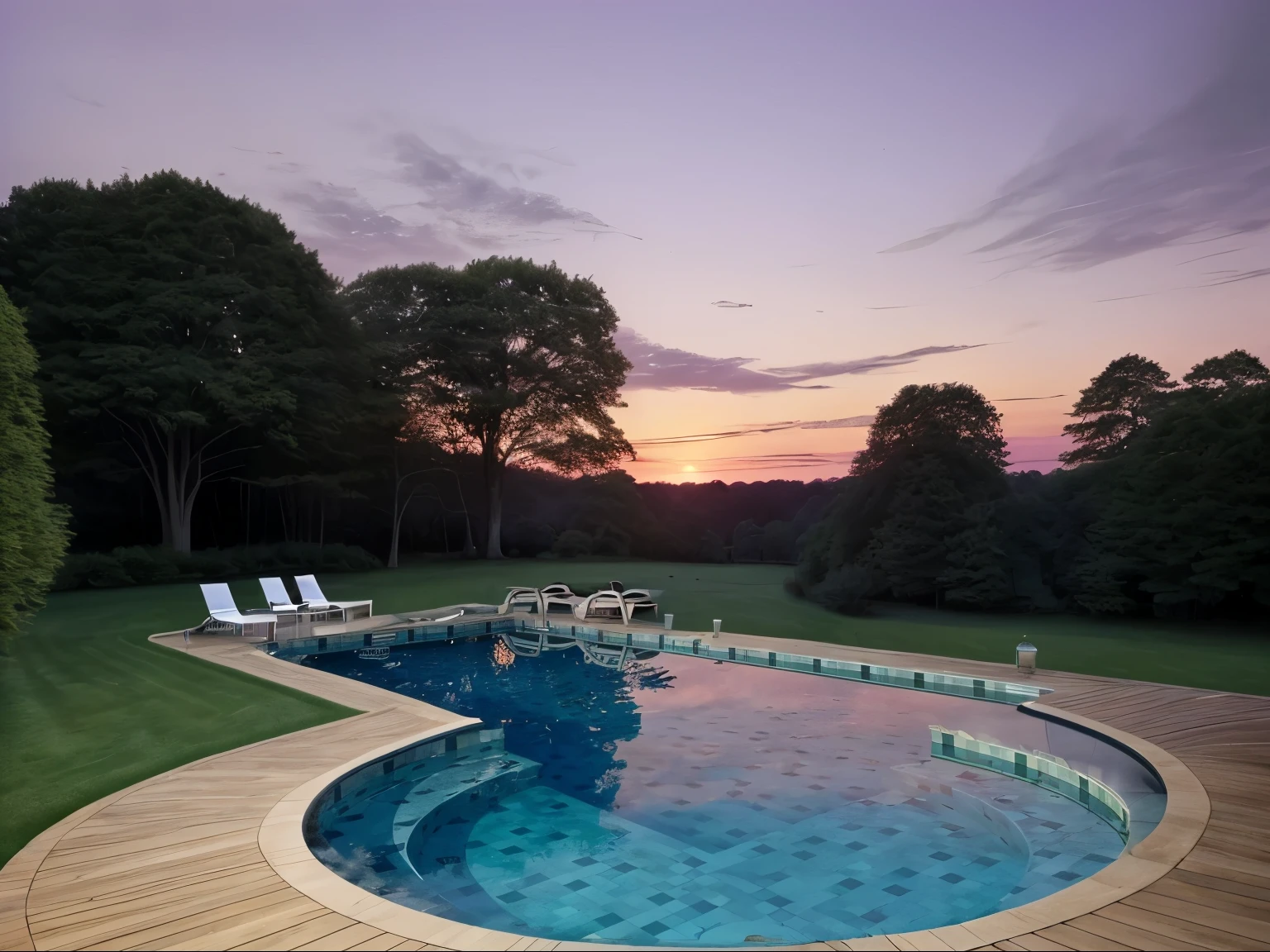 complete the prompt with a lovely country house on a vast lawn, insert a wooden deck around the pool, some wooden lounge chairs with bath towels next to them, lots of trees around with an impressive sunset, reflecting a violet tone across the sky. ((improved)) ((realisitic))
