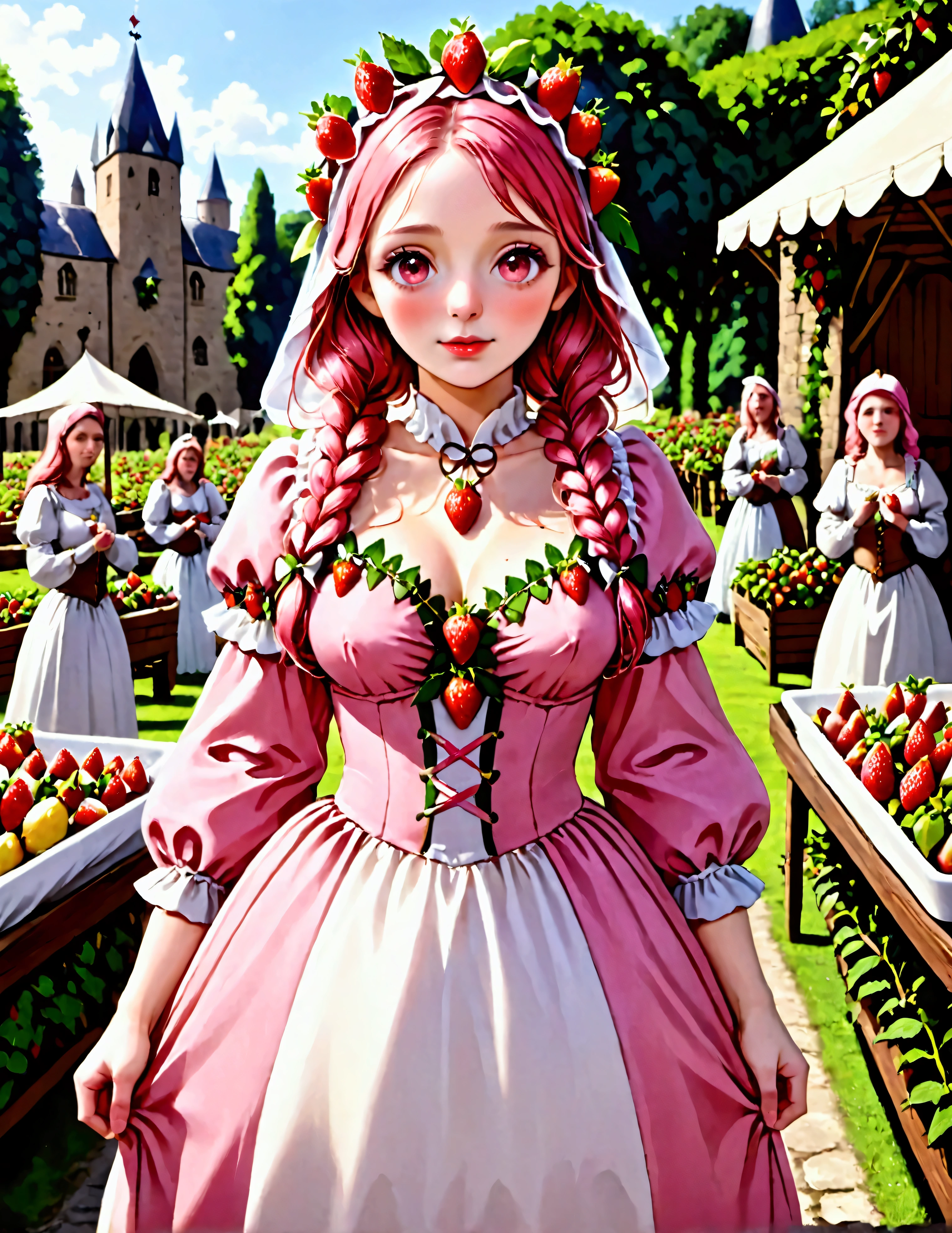 A Strawberry Knight (female, strawberry like face, strawberry themed and decorated plate mail (electric pink tint), strawberry decorated sword) standing at attention by the pineapple king, fruit salad city medieval themed

