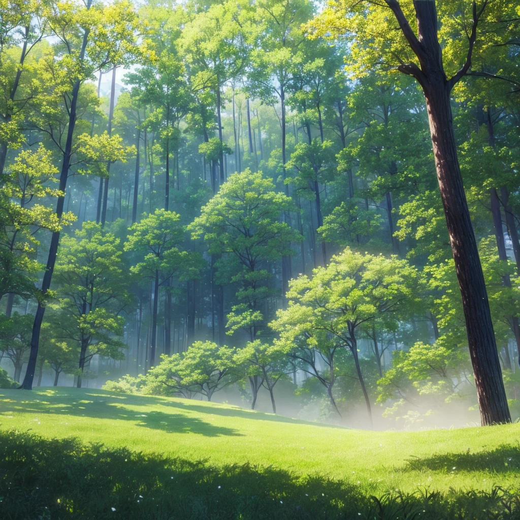 masterpiece, forest with spaced trees and foggy views and grassy ground