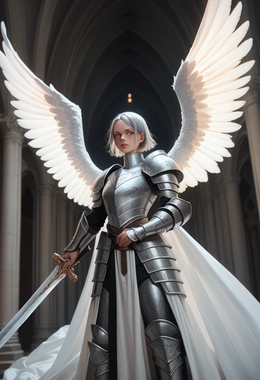 Angel, silver armor, short gray hair, glowing white eyes, long wings, holding a sword, destoyed castle on the background, fire around him