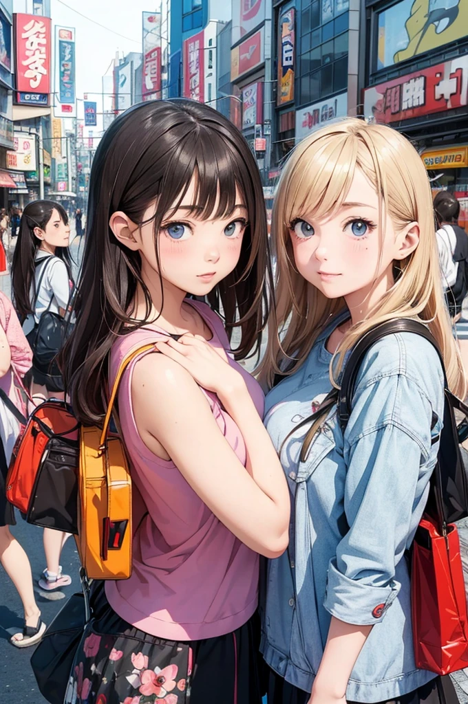 (masterpiece, Highest quality:1.1), (Popart Style),Flat Color,(Two Girls),Cute face,Tween,Have a nice trip,(Akihabara, the town of otaku, Tokyo),Japan, Beautiful and detailed scenery, Beautiful lighting,very happy,Dynamic pose,Portrait Photography, sharp,An illustration:Don'unreadable,