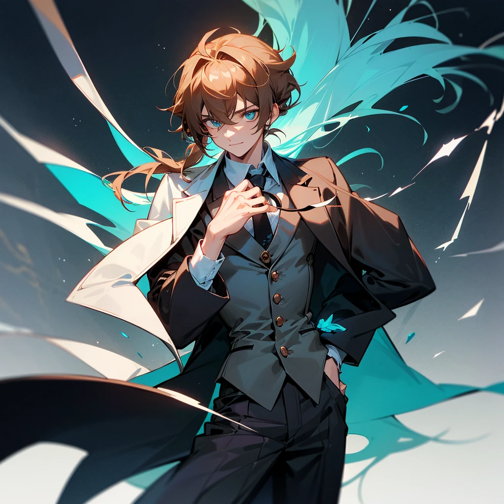 1 man with long brown hair and hair tied back, wearing a black overcoat covering his white shirt with a cyan tie and black dress pants with pockets and chains while wearing a white scarf with a tall white background with a smile and a clock showing 12 hours and 28 Roman minutes in black and white and conjuring a magic in the form of a cyan colored time clock with his hair looking like Meliodas with a masculine but beautiful face