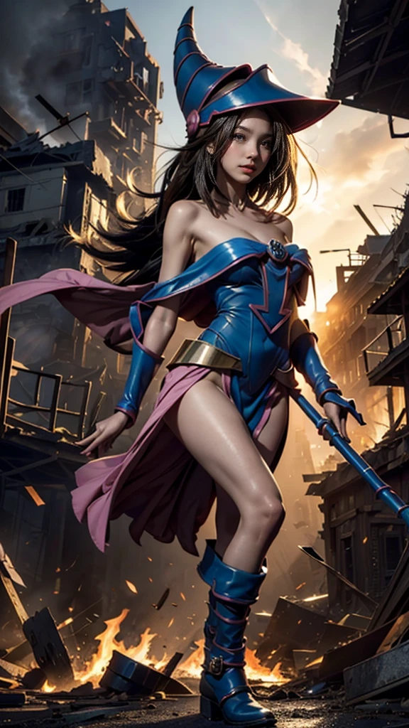 (Giantess element, high resolution, high quality, accurate body structure, detailed body), focus on girl,
BREAK,
(Black Magician Girl: 1.3), sexy, combat uniform, girl, looking up at approaching woman from below, cute, (Girl destroying town with magic: 1.4), mischievous expression, white skin, smiling, trampling, walking, anatomically correct, accurate human body, accurate skeleton, full body portrait, shock wave from girl's hand, (shock wave from magic wand),
BREAK,
Destroying town, rubble, burning town, destroyed buildings, collapsed highway, car being crushed, evacuation of residents, sunset, burning town, rubble scattered at feet, increasing destructive elements,