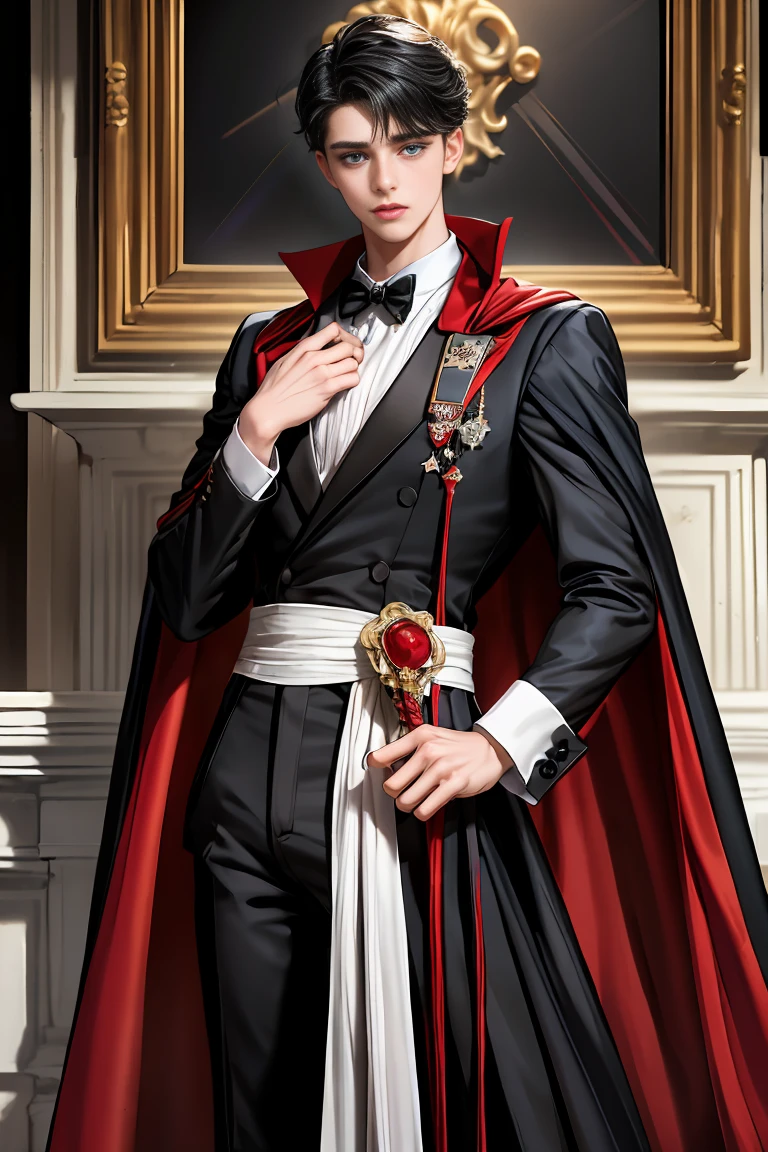 
masterpiece, 最high quality, high quality, 1 boy, alone, Male focus, Watching the audience,  Messy black hair, Adorable big blue eyes, White, Noble, Noble,A black and red cape that is bursting with sexy volume、Tuxedo、A very voluminous, large, very large, very large, long, long red and black cape with a high stand-up collar, made of a lot of fabric that reaches down to the floor., ,Cute beautiful boys,Cute, cute, kind, handsome guy