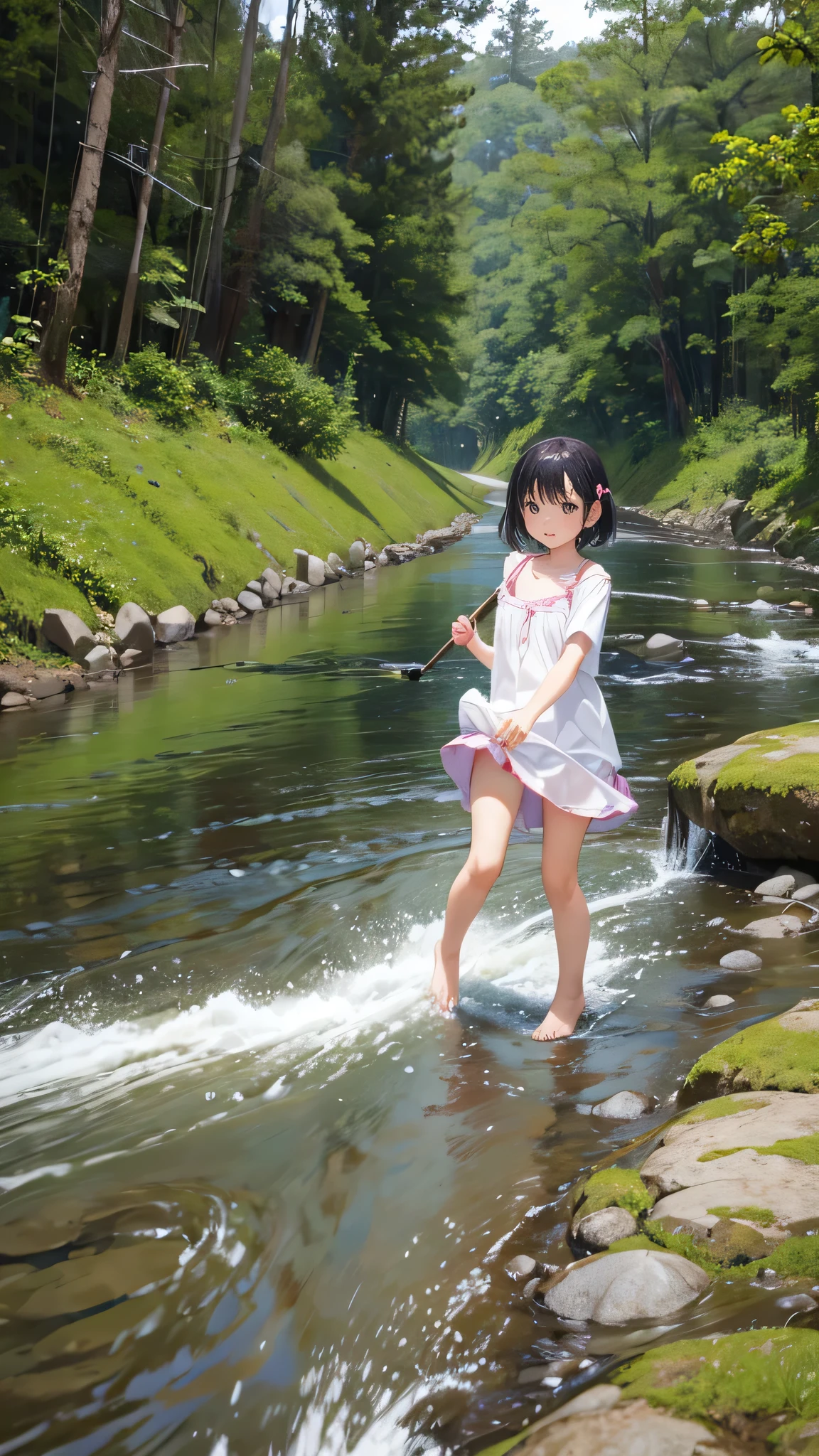 Playing in the flowing river、Very cute girl、barefoot、雨が降っている。