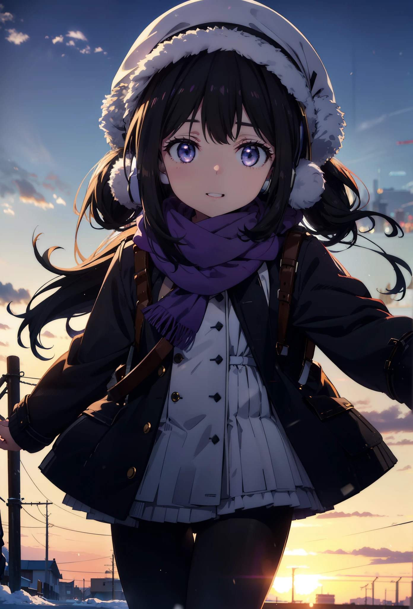 Takiuchikami,Long Hair, bangs, Black Hair, (Purple eyes:1.2),happy smile, smile, Open your mouth,Knitted hat,Earmuffs,Blue long coat,White Sweater,White scarf,Long skirt,Black pantyhose,short boots,snowが積もっている,snowが降っている,winter,Cold Sky,night,moonlight,snow,snow,snow,snow,whole bodyがイラストに入るように,Walking,
break looking at viewer, whole body, 
break outdoors, city,construction area,
break (masterpiece:1.2), highest qualそれy, High resolution, unそれy 8k wallpaper, (shape:0.8), (Beautiful and beautiful eyes:1.6), Highly detailed face, Perfect lighting, Extremely detailed CG, (Perfect hands, Perfect Anatomy),