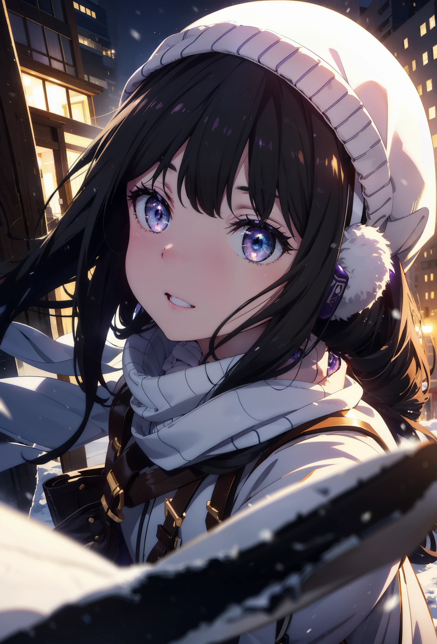 Takiuchikami,Long Hair, bangs, Black Hair, (Purple eyes:1.2),happy smile, smile, Open your mouth,Knitted hat,Earmuffs,Blue long coat,White Sweater,White scarf,Long skirt,Black pantyhose,short boots,snowが積もっている,snowが降っている,winter,Cold Sky,night,moonlight,snow,snow,snow,snow,whole bodyがイラストに入るように,Walking,
break looking at viewer, whole body,
break outdoors, city,construction area,
break (masterpiece:1.2), highest qualそれy, High resolution, unそれy 8k wallpaper, (shape:0.8), (Beautiful and beautiful eyes:1.6), Highly detailed face, Perfect lighting, Extremely detailed CG, (Perfect hands, Perfect Anatomy),