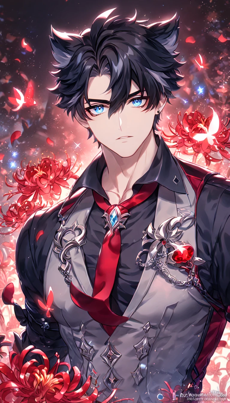 absurdres, highres, ultra detailed, HDR) master piece, best quality, Wriothesley, black hair, expressive gray-blue eyes, Genshin Impact, solo, sexy man, handsome, sensual, black shirt, gray vest, loosely red necktie, accessories, magical, fantasy, red butterflies, glittering, sparkling, red spider lilies, petals, radiant, flames, crystal glass style, manly man