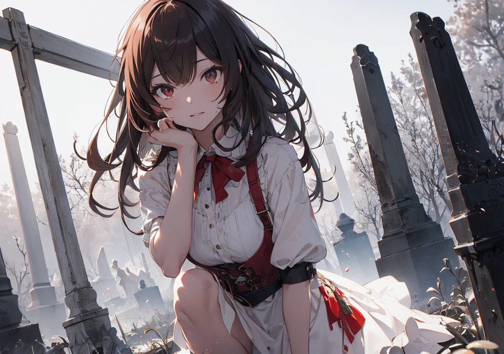 Realistic photos, Focus distance 10mm, Red and white, Beautiful girl, Realistic photos, Shooting at focus distance 10mm, masterpiece, 最high quality, high quality, Very detailed CG 8k wallpaper unit, Award-winning photography, Depth of written boundary, High resolution, bloom, chromatic aberration, Realistic, Very detailed, Art Station Trends, CGsociety Trends, Complex, High detail, dramatic, Art on the go, volumetric lighting, A beautiful girl stands holding a bloody knife in an old cemetery on Halloween night, with an open grave visible behind her