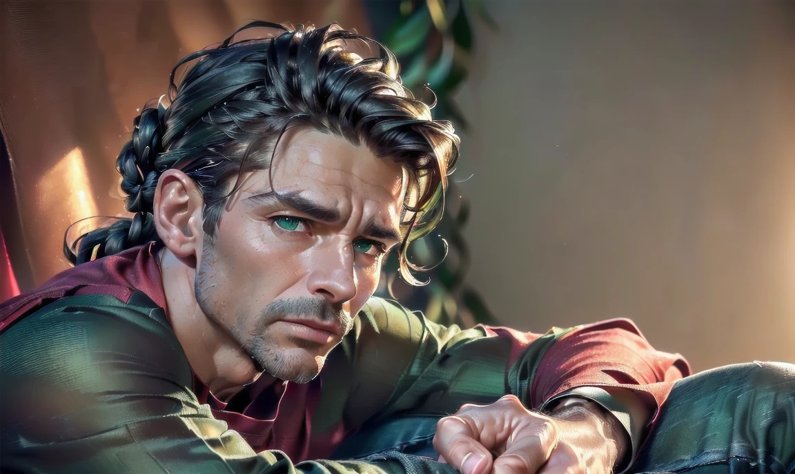 "((highly detailed, detailed eyes, detailed face, clear and realistic facial features, photorealistic, realistic light; cinematic)), (1 man), ((((small studio background)))), (((sophisticated gorgeous refined middle-aged male artist))), ((strangely beautiful yet masculine)), ((((intense fascinated expression)))), ((serene mood)), (((dark green eyes))), ((long wavy brunette hair tied half up)), (((dressed in a red shirt and jeans)))." 