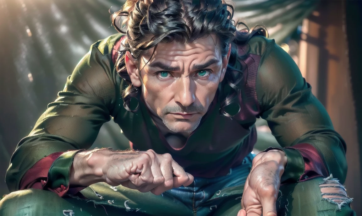 "((highly detailed, detailed eyes, detailed face, clear and realistic facial features, photorealistic, realistic light; cinematic)), (1 man), ((((small studio background)))), (((sophisticated gorgeous refined middle-aged male artist))), ((strangely beautiful yet masculine)), ((((intense fascinated expression)))), ((serene mood)), (((dark green eyes))), ((long wavy brunette hair tied half up)), (((dressed in a red shirt and jeans)))."
