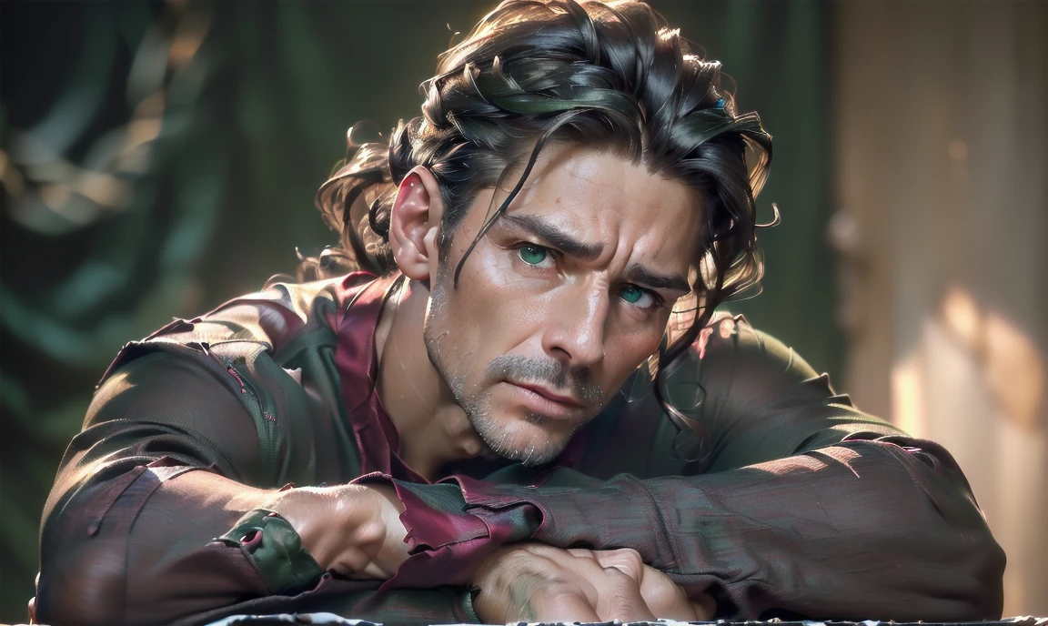 "((highly detailed, detailed eyes, detailed face, clear and realistic facial features, photorealistic, realistic light; cinematic)), (1 man), ((((small studio background)))), (((sophisticated gorgeous refined middle-aged male artist))), ((strangely beautiful yet masculine)), ((((intense fascinated expression)))), ((serene mood)), (((dark green eyes))), ((long wavy brunette hair tied half up)), (((dressed in a red shirt and jeans)))." 