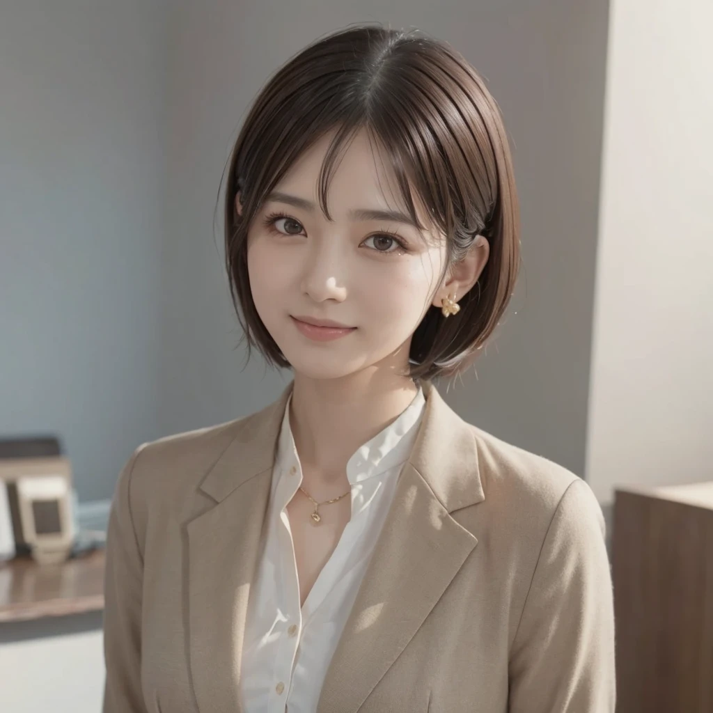 young woman、、 Intricate details, 、ear piercing、Looking into the camera、short hair、smile、Brown Hair、 Clear beauty, (High quality fabric, Office Lady Suits 、Jacket、Unbuttoned shirt、Necklace around the neck、Dark eyeliner、 The background is the office

