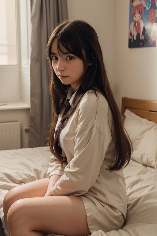 Anime style, a shy and blushing female character in a school uniform sitting on a bed in a cozy bedroom. The scene is from a first-person perspective from the side, with the viewer sitting very close next to her and looking at her side profile, almost as if the viewer's shoulder is touching hers. The bedroom should have warm, soft lighting, and the character should have a cute and slightly embarrassed expression