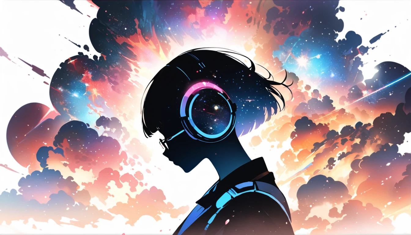 Profile of a woman silhouette.(Super Short Hair:1.3), Blunt bangs, (((Under-rim glasses:1.3))), (Headphones:1.3), Inside the silhouette you can see the Double exposure with a deep space, universe, Supernova explosion, masterpiece, ((Double exposure)), Proportion.,Double exposure

