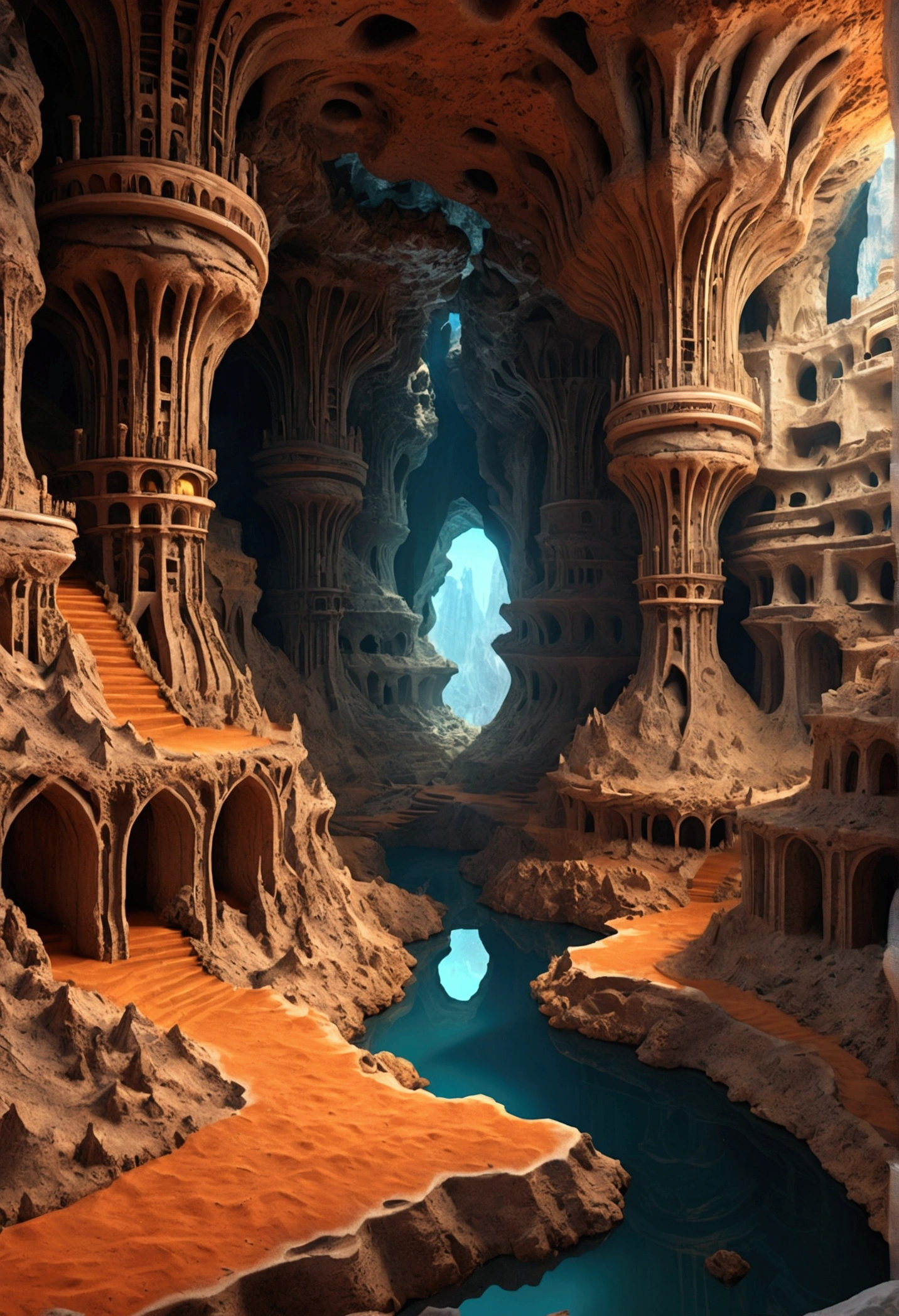 there are many inverted cavities (different rooms, united by mandelbulb projections that form passages) in the middle of an underground canyon that forms a mandelbulb mud village at different heights with many balconies and stalactites and stalactites, fantasy architecture, Highly detailed 4K digital art, beautiful detailed fantasy, stunning fantasy landscape, detailed fantasy digital art, arstation and high beep, fantasy style 8k octane rendering, stuning fantasy 3d rendering, Detailed fantasy in 4K, fantasy 3d rendering, 3D rendering beep, deep and massive desert landscape, stalacmite cave labyrinth type very confusing geonosis bubbes