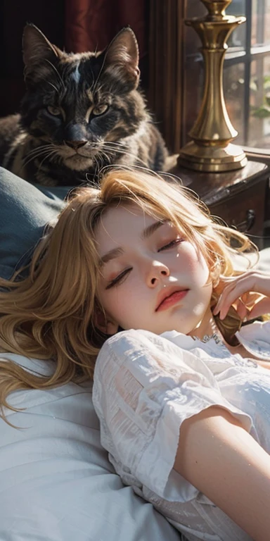 (masterpiece: 1.2, Portraiture, Highest quality), Realistic, (Live Action, Intricate details, Written boundary depth), Highest quality, masterpiece, Attention to detail, semi-Realistic, Sleeping in bed, shy, 21 years old, Short Blonde, Hair in the left eye, blue eyes, Wear a white negligee, Slim figure、Canopy bed、 sleeping beauty, Shoulder Bare