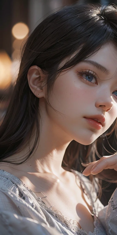 (masterpiece: 1.2, Portraiture, Highest quality), Realistic, (Live Action, Intricate details, Written boundary depth), Highest quality, masterpiece, Attention to detail, semi-Realistic, Sleeping in bed, shy, 21 years old, Short Blonde, Hair in the left eye, blue eyes, Wear a white negligee, Slim figure、Canopy bed、 sleeping beauty, Shoulder Bare