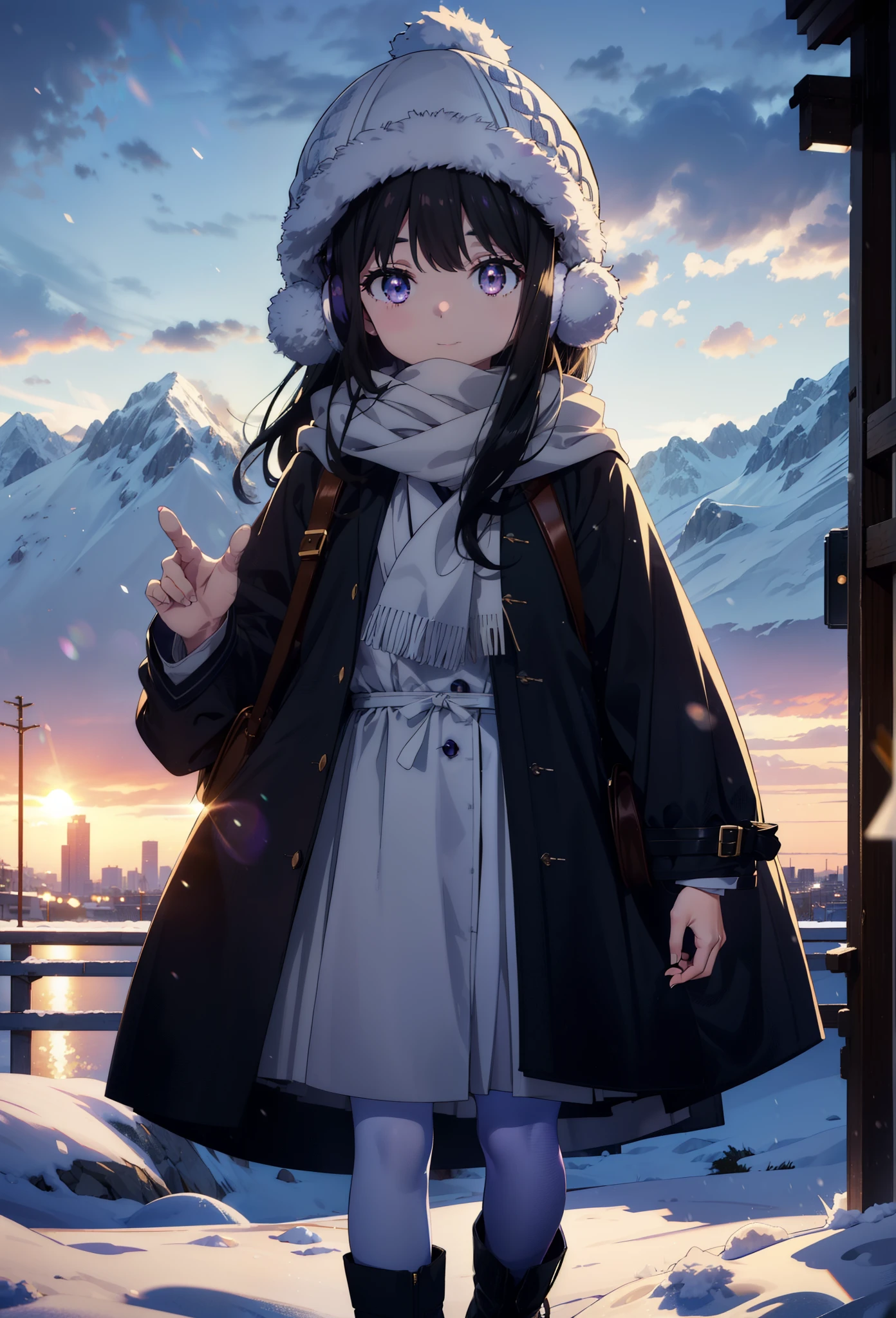 Takiuchikami,Long Hair, bangs, Black Hair, (Purple eyes:1.2),happy smile, smile, Open your mouth,Knitted hat,Earmuffs,Blue long coat,White Sweater,White scarf,Long skirt,Black pantyhose,short boots,snowが積もっている,snowが降っている,winter,Cold Sky,night,moonlight,snow,snow,snow,snow,whole bodyがイラストに入るように,Walking,
break looking at viewer, whole body, 
break outdoors, city,construction area,
break (masterpiece:1.2), highest qualそれy, High resolution, unそれy 8k wallpaper, (shape:0.8), (Beautiful and beautiful eyes:1.6), Highly detailed face, Perfect lighting, Extremely detailed CG, (Perfect hands, Perfect Anatomy),