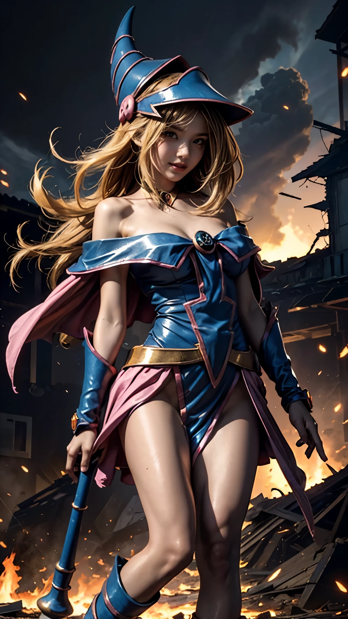 (Giantess element, high resolution, high quality, accurate body structure, detailed body), focus on girl,
BREAK,
(Black Magician Girl: 1.3), sexy, combat uniform, girl, looking up at approaching woman from below, cute, (Girl destroying town with magic: 1.4), mischievous expression, white skin, smiling, trampling, walking, anatomically correct, accurate human body, accurate skeleton, full body portrait, shock wave from girl's hand, (shock wave from magic wand),
BREAK,
Destroying town, rubble, burning town, destroyed buildings, collapsed highway, car being crushed, evacuation of residents, sunset, burning town, rubble scattered at feet, increasing destructive elements,