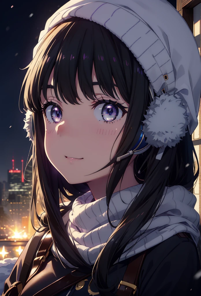 Takiuchikami,Long Hair, bangs, Black Hair, (Purple eyes:1.2),happy smile, smile, Open your mouth,Knitted hat,Earmuffs,Blue long coat,White Sweater,White scarf,Long skirt,Black pantyhose,short boots,snowが積もっている,snowが降っている,winter,Cold Sky,night,moonlight,snow,snow,snow,snow,whole bodyがイラストに入るように,Walking,
break looking at viewer, whole body,
break outdoors, city,construction area,
break (masterpiece:1.2), highest qualそれy, High resolution, unそれy 8k wallpaper, (shape:0.8), (Beautiful and beautiful eyes:1.6), Highly detailed face, Perfect lighting, Extremely detailed CG, (Perfect hands, Perfect Anatomy),